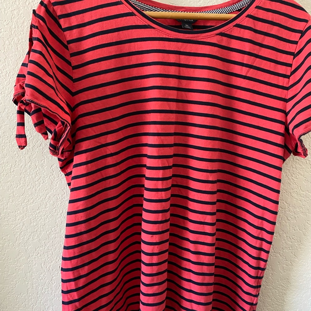 Nautica  blue navy and orange striped T- Shirt. Size XL. Super cute.  100%cotton